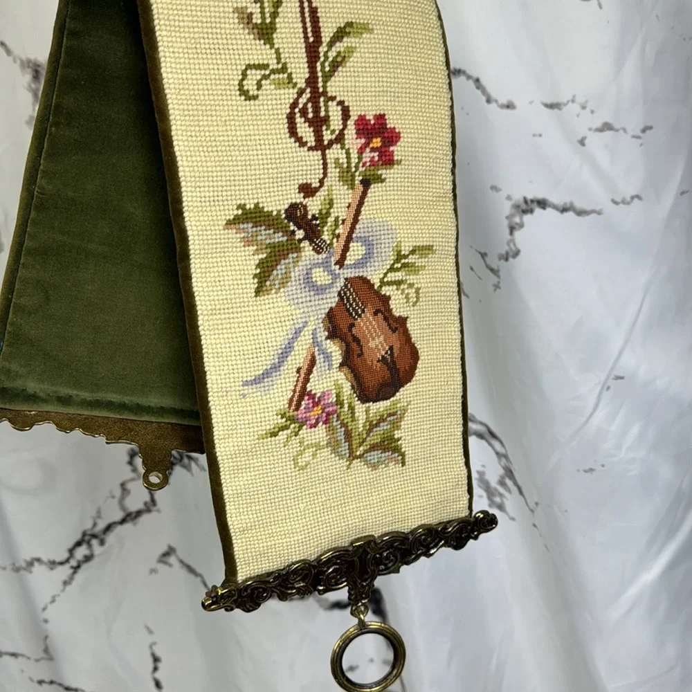 Vintage Petit Point Bell Pull Needle Point Velvet Backed Musical & Floral Design